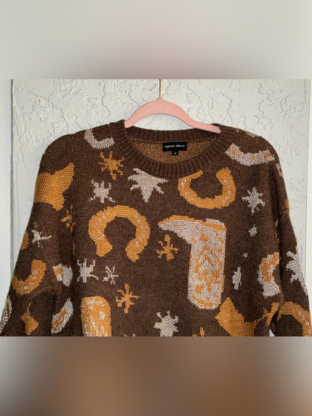 Aqua Blues Brown, Mustard & Cream Western Graphic Crewneck Sweater - Picture 2 of 8